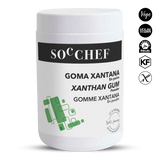 Jar of xanthan gum powder with SOC CHEF branding on a white background