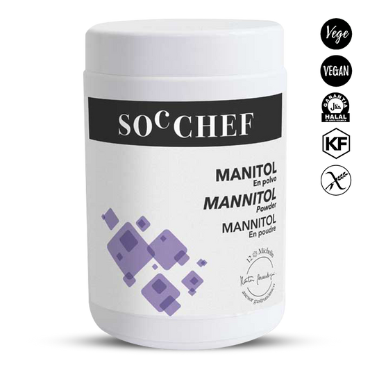 Jar of mannitol powder with 'SOC CHEF' branding on a white background