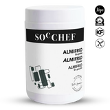 White container with black text and logos on a white background