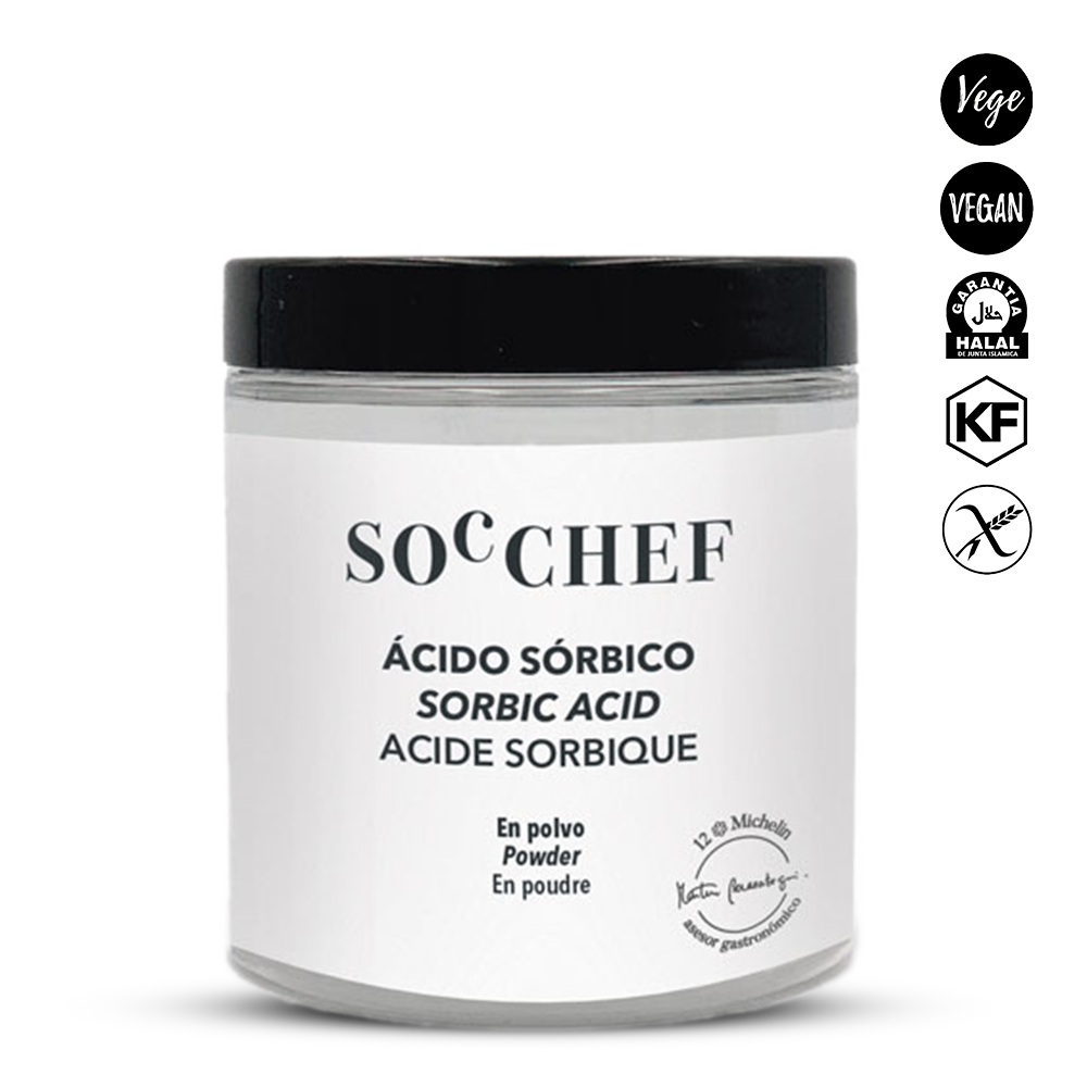Jar of sorbic acid powder with SOC CHEF branding on a white background