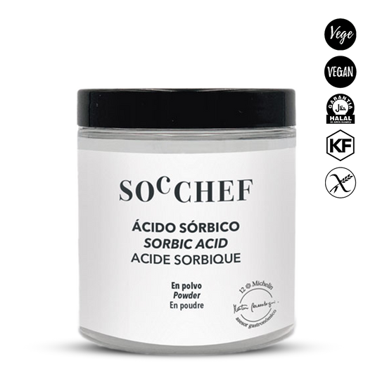 Jar of sorbic acid powder with SOC CHEF branding on a white background