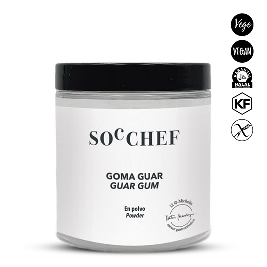 Jar of SOC CHEF guar gum powder with black lid on a white background