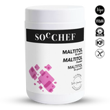 White container of SOC CHEF maltitol powder with black and pink labels on a white background