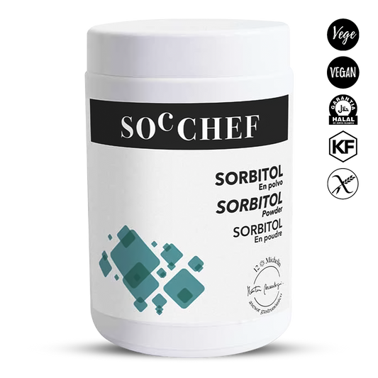 Container of Sorbitol powder by SOC CHEF with branding and certification logos on a white background
