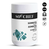Container of Sorbitol powder by SOC CHEF with branding and certification logos on a white background