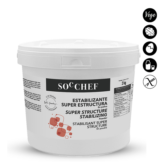 White container with a label for SOC CHEF super structure stabilizing powder on a white background