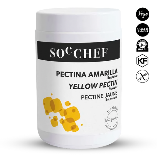Jar of yellow pectin powder with SOC CHEF branding on a white background