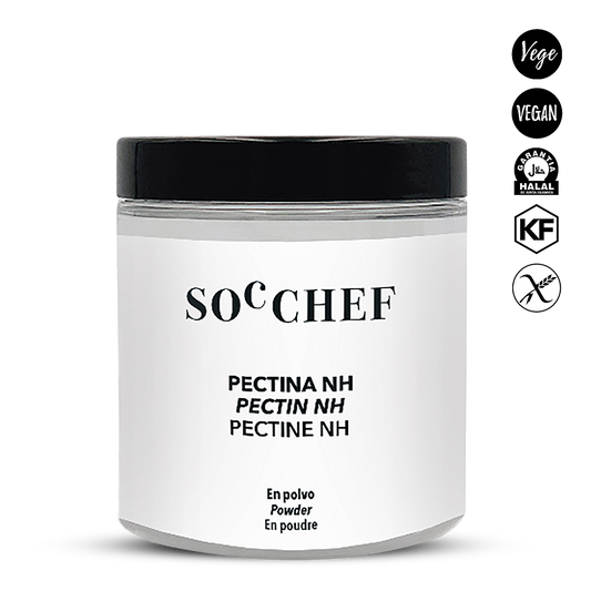 Jar of SOC CHEF pectin powder with black lid on a white background