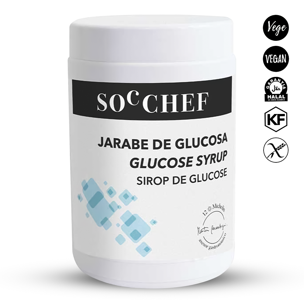 Jar of glucose syrup with SOC CHEF branding on a white background