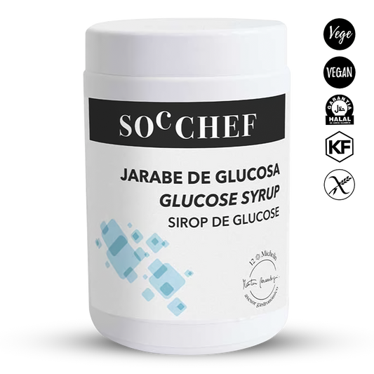 Jar of glucose syrup with SOC CHEF branding on a white background
