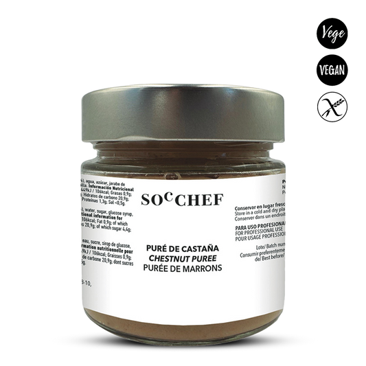 Jar of SocChef chestnut puree with a white label on a white background