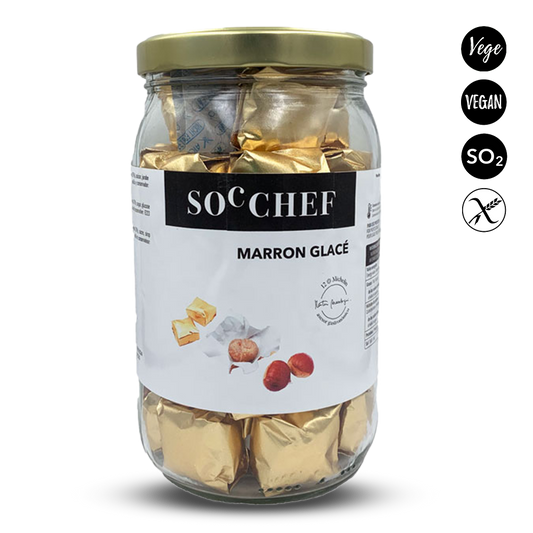Jar of Soc Chef marron glace with a gold lid on a white background