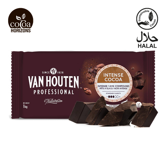 Van Houten Professional chocolate bar packaging with cocoa solids on a white background