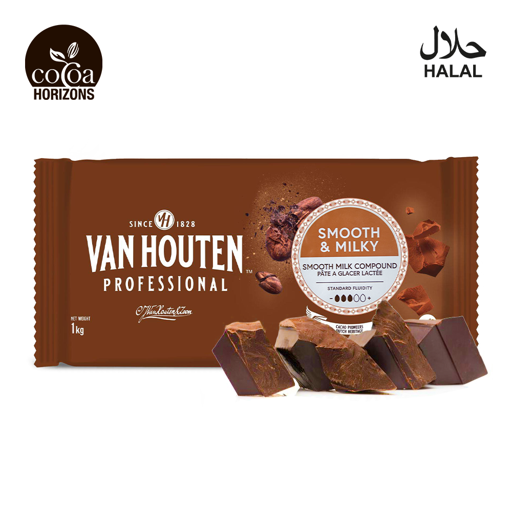Van Houten Professional chocolate bar packaging with 'Cocoa Horizons' branding on a white background.