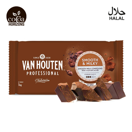 Van Houten Professional chocolate bar packaging with 'Cocoa Horizons' branding on a white background.