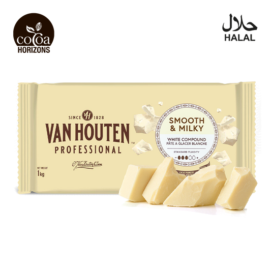 Van Houten Professional white chocolate compound packaging with 'Cocoa Horizons' and 'HALAL' logos.
