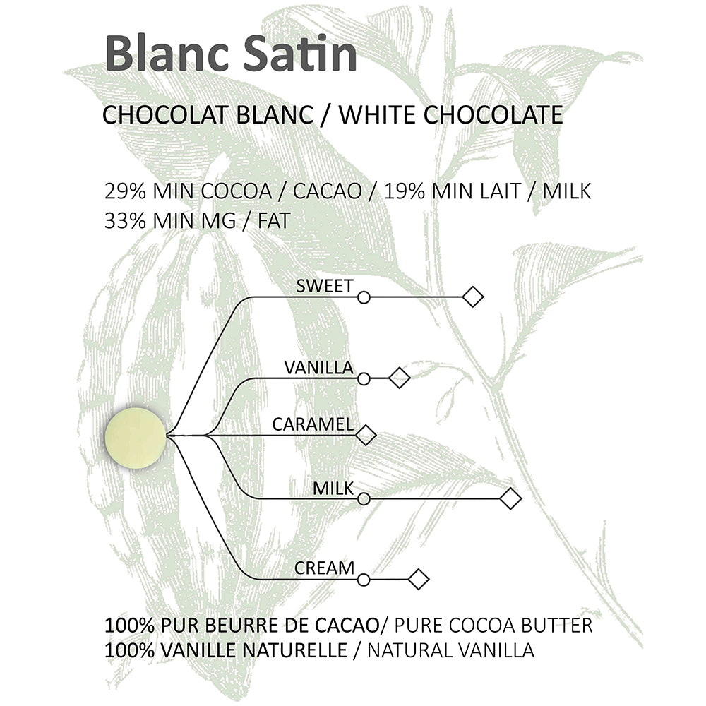 Product label for Blanc Satin white chocolate with flavor notes and ingredients.