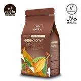 Chocolate packaging with cacao bean illustration and brand logos on a white background