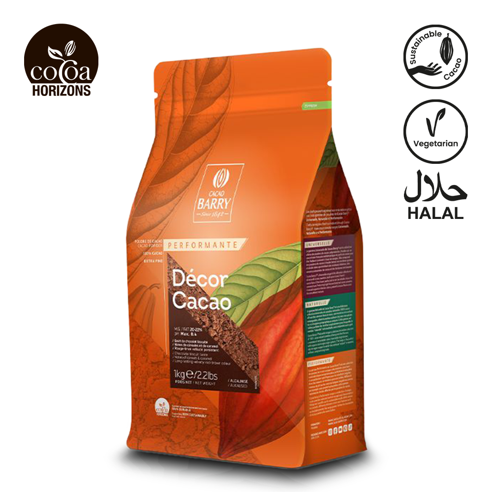 Orange packaging of Decor Cacao with Barry Barry logo and certification logos on a white background