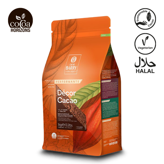 Orange packaging of Decor Cacao with Barry Barry logo and certification logos on a white background