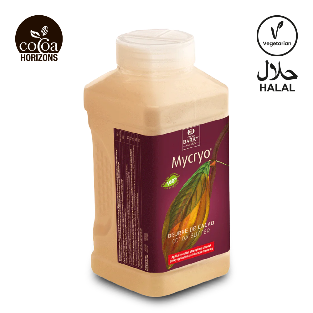 Bottle of Mycryo cocoa butter with CoCoa Horizons branding on a white background