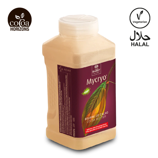 Bottle of Mycryo cocoa butter with CoCoa Horizons branding on a white background