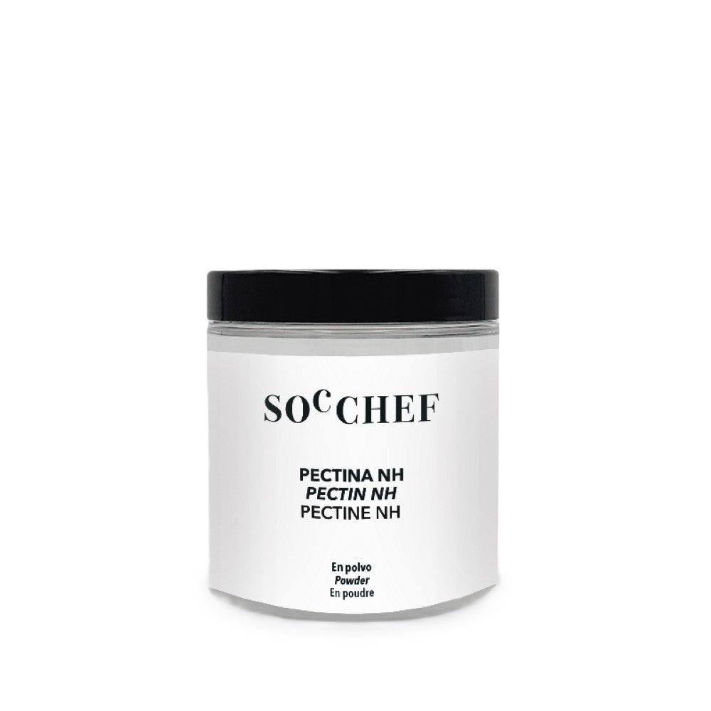 Jar of SO× CHEF Pectina NH powder on a white background