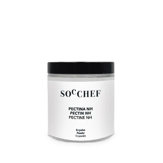 Jar of SO× CHEF Pectina NH powder on a white background