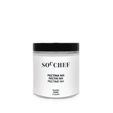 Jar of SO× CHEF Pectina NH powder on a white background