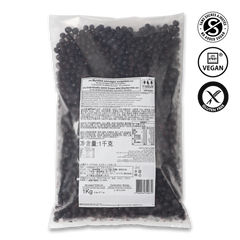 Bag of black beans with a label and certification logos on a white background