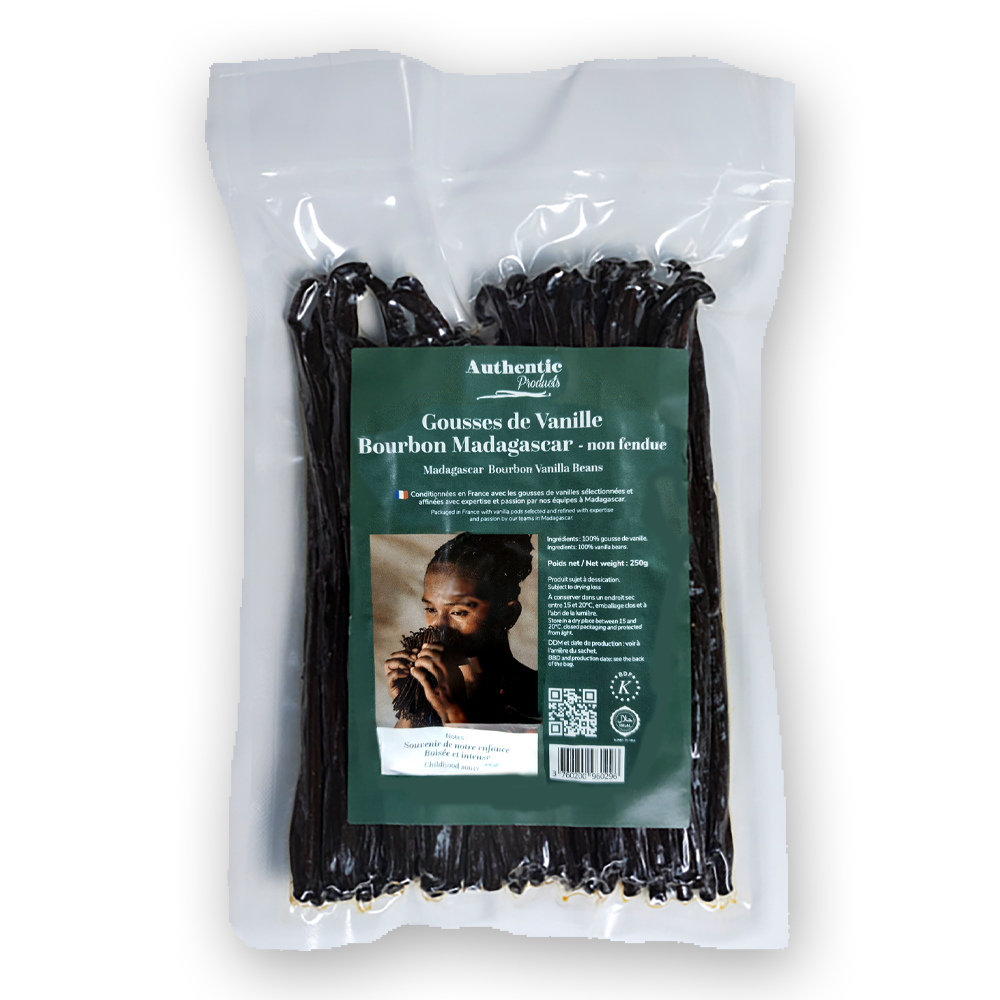 Packaged vanilla beans with a green label on a white background