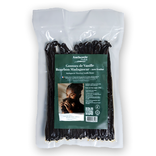 Packaged vanilla beans with a green label on a white background