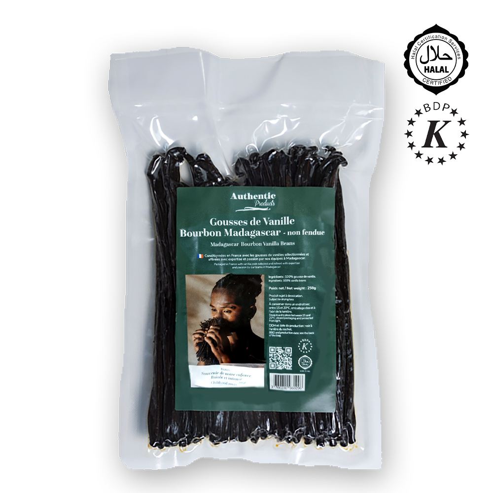 Packaged vanilla beans with a green label on a white background