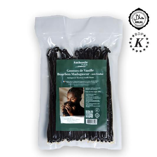 Packaged vanilla beans with a green label on a white background