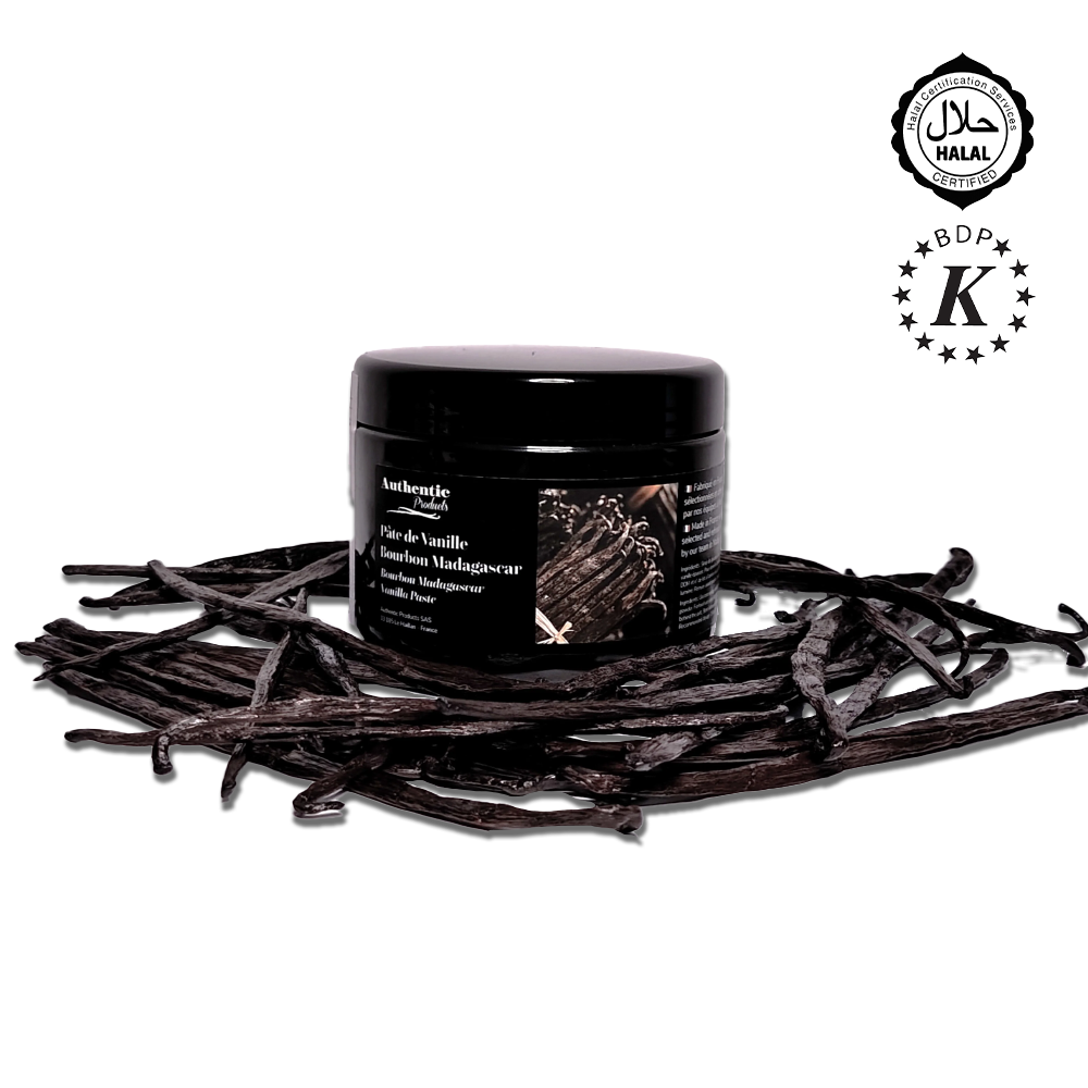 Black container of vanilla powder on vanilla beans with BDP K logo