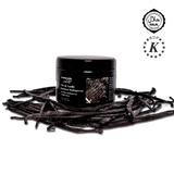 Black container of vanilla powder on vanilla beans with BDP K logo