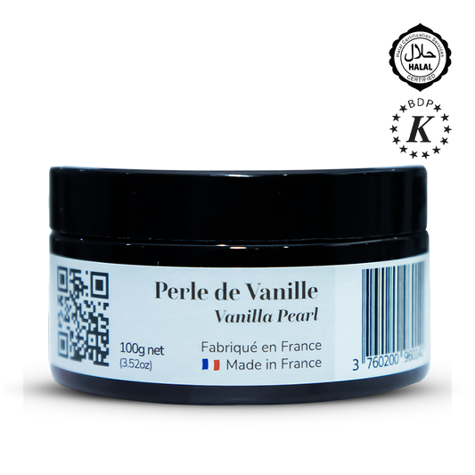 Jar of 'Perle de Vanille' vanilla pearl with a black lid on a white background
