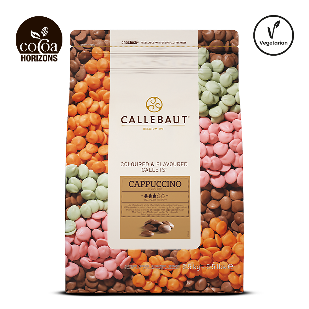 Callebaut Cappuccino colored and flavored cookies packaging with colorful cookies in the background.