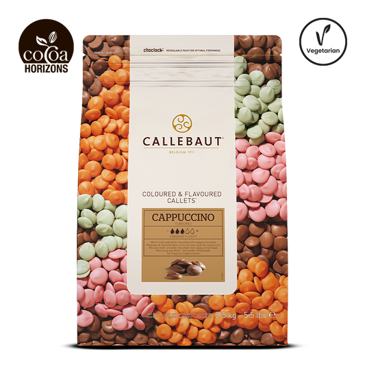 Callebaut Cappuccino colored and flavored cookies packaging with colorful cookies in the background.