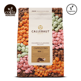 Callebaut Cappuccino colored and flavored cookies packaging with colorful cookies in the background.