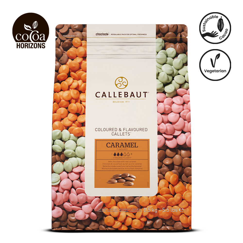 Callebaut colored chocolate chips packaging with visible brand logos on a white background