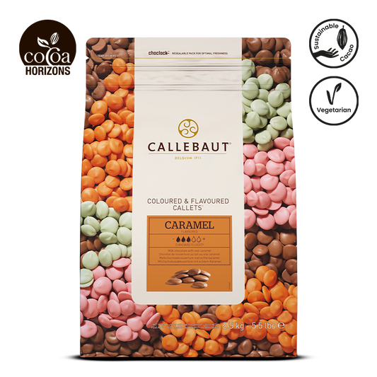 Callebaut colored chocolate chips packaging with visible brand logos on a white background