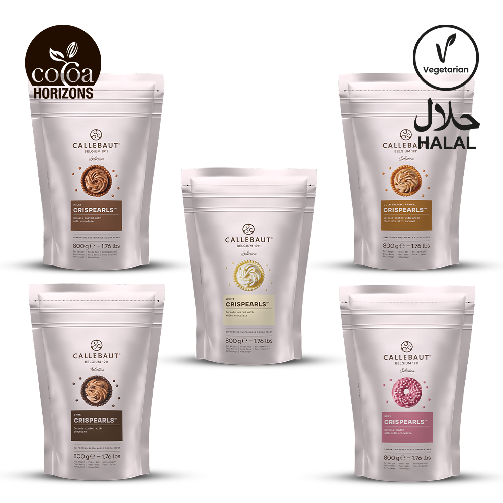 Five packages of Callebaut Crispearls on a white background with branding logos.