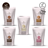 Five packages of Callebaut Crispearls on a white background with branding logos.