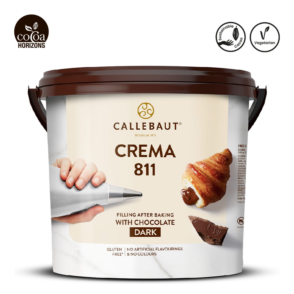 Callebaut Crema 811 chocolate filling container with branding and product details on a white background