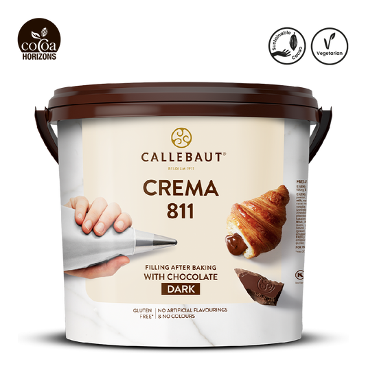 Callebaut Crema 811 chocolate filling container with branding and product details on a white background