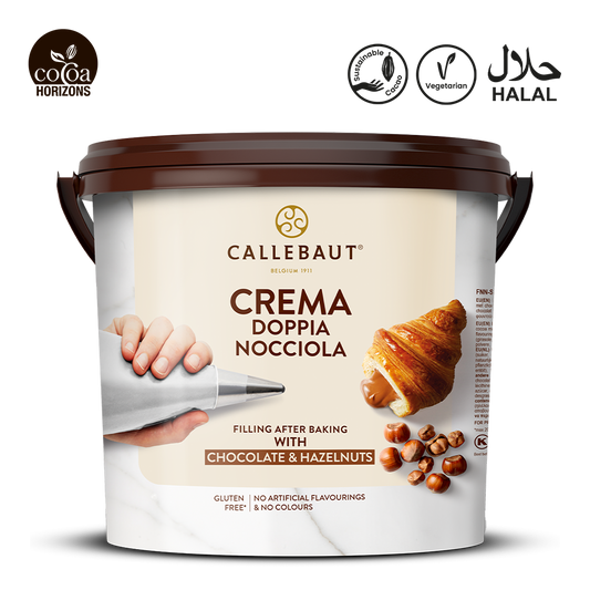 Callebaut Crema Doppia Nocciola chocolate spread packaging on a white background