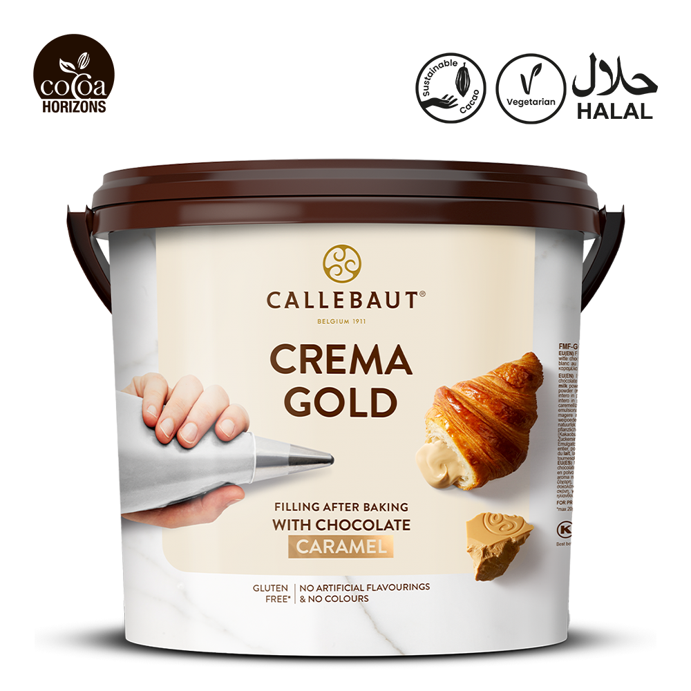 Callebaut Crema Gold chocolate filling container with branding and product details on a white background