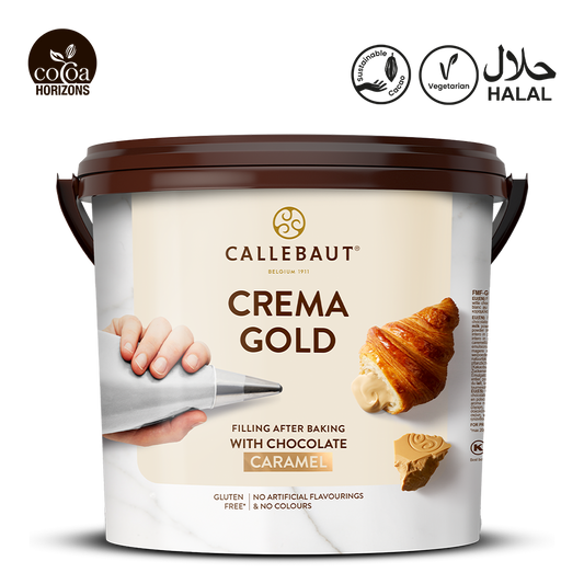 Callebaut Crema Gold chocolate filling container with branding and product details on a white background