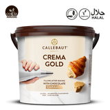 Callebaut Crema Gold chocolate filling container with branding and product details on a white background
